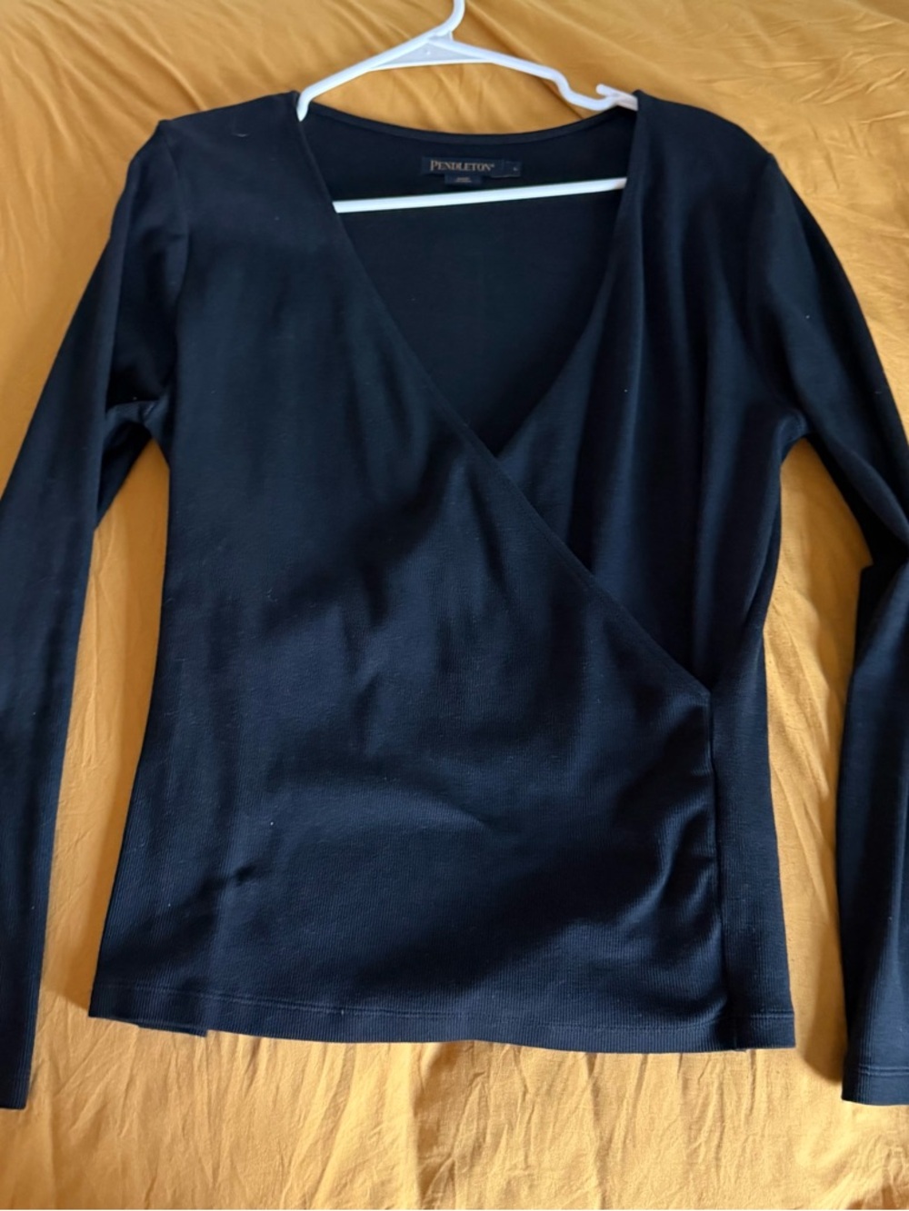 Pendleton Black Pima Cotton Faux Wrap Long-Sleeve Top